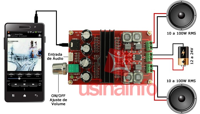 Mini Amplificador de Som TPA3110 Estéreo 2 Canais 30W + 30W com Bluetooth  4.2 - Usinainfo