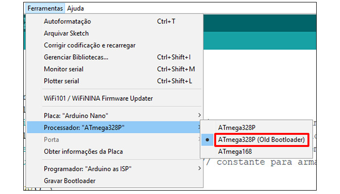 Arduino Nano selecione no IDE o processador atmega328p (old bootloader) - [1031293]