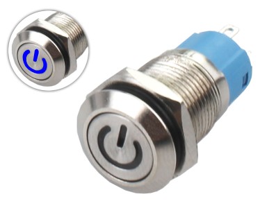 Interruptor Pulsador 12mm NA LED Azul 3-6VDC em Aço Inox Impermeável com Símbolo MC014 - Imagem 1