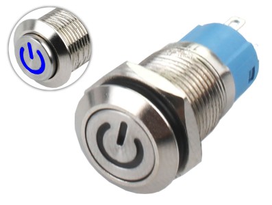 Interruptor Pulsador 12mm com Trava LED Azul 12-24VDC em Aço Inox Impermeável com Símbolo MC144 - Imagem 1