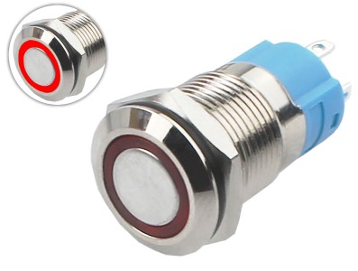 Interruptor Pulsador 12mm com Trava LED Vermelho 12-24VDC em Aço Inox Impermeável 3A215 - Imagem 1