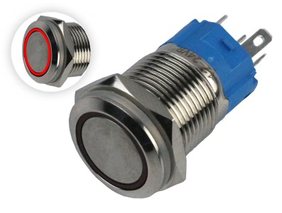 Interruptor com Travamento 16mm LED Vermelho 12-24VDC em Aço Inox Impermeável MC291 - Imagem 1