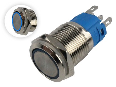 Interruptor com Travamento 16mm LED Azul 3-6VDC em Aço Inox Impermeável MC284 - Imagem 1