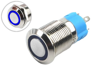 Interruptor Pulsador 12mm com Trava LED Azul 12-24VDC em Aço Inox Impermeável 3A214 - Imagem 1