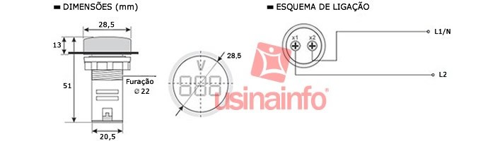 Voltímetro Digital 22mm 60-500V AC Sinaleiro para Painel - Azul - [1034111]