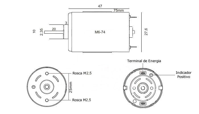 Dimensões Motor DC 6V M6-74 - [1034367]