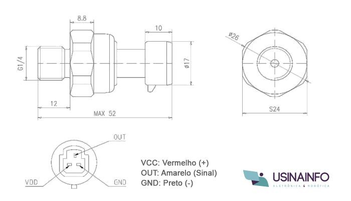 Dimensões do Sensor de Pressão Arduíno G1/4 0.5 MPa HK2404 - [1034592]