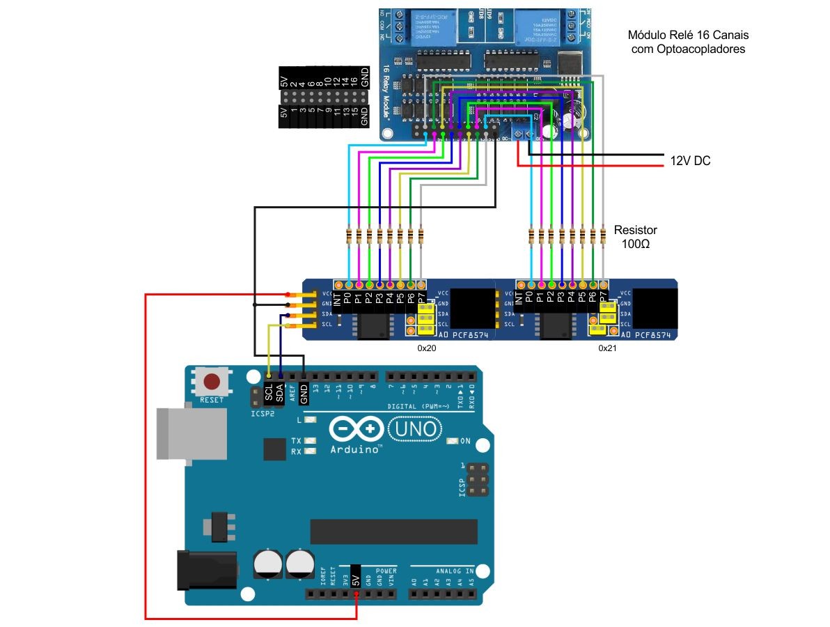 Ligação Módulo Relé 16 Canais com Optoacopladores com Expansor de Portas I2C PCF8574 e Arduino - [1035227]