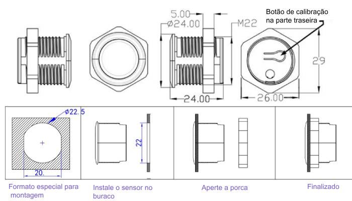 Dimensões para instalação sensor XKC-KL200 - [1035557]